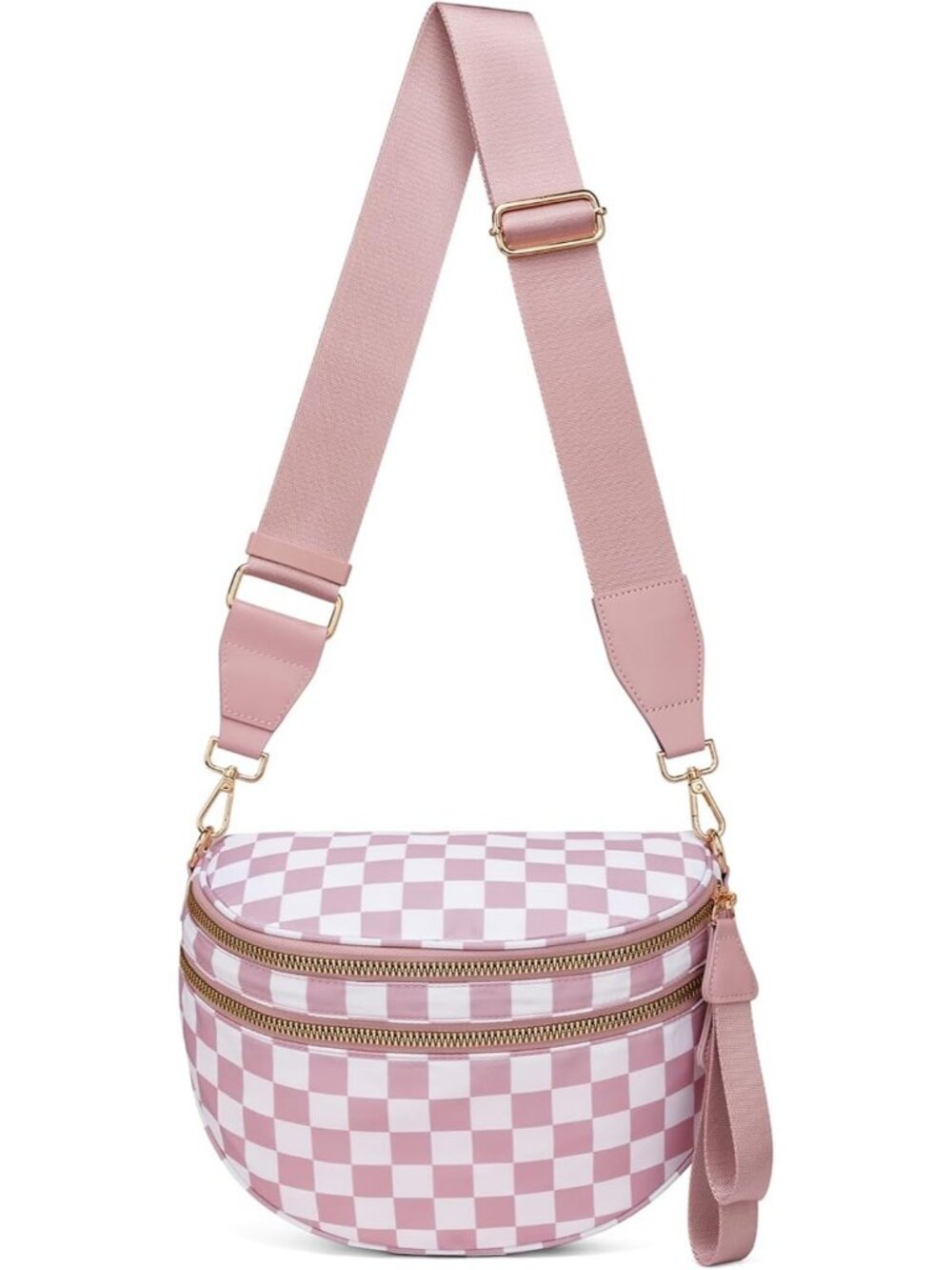 Women Pink Checkered Pure Color Checkered Nylon Fanny Pack Travel Crossbody Bag